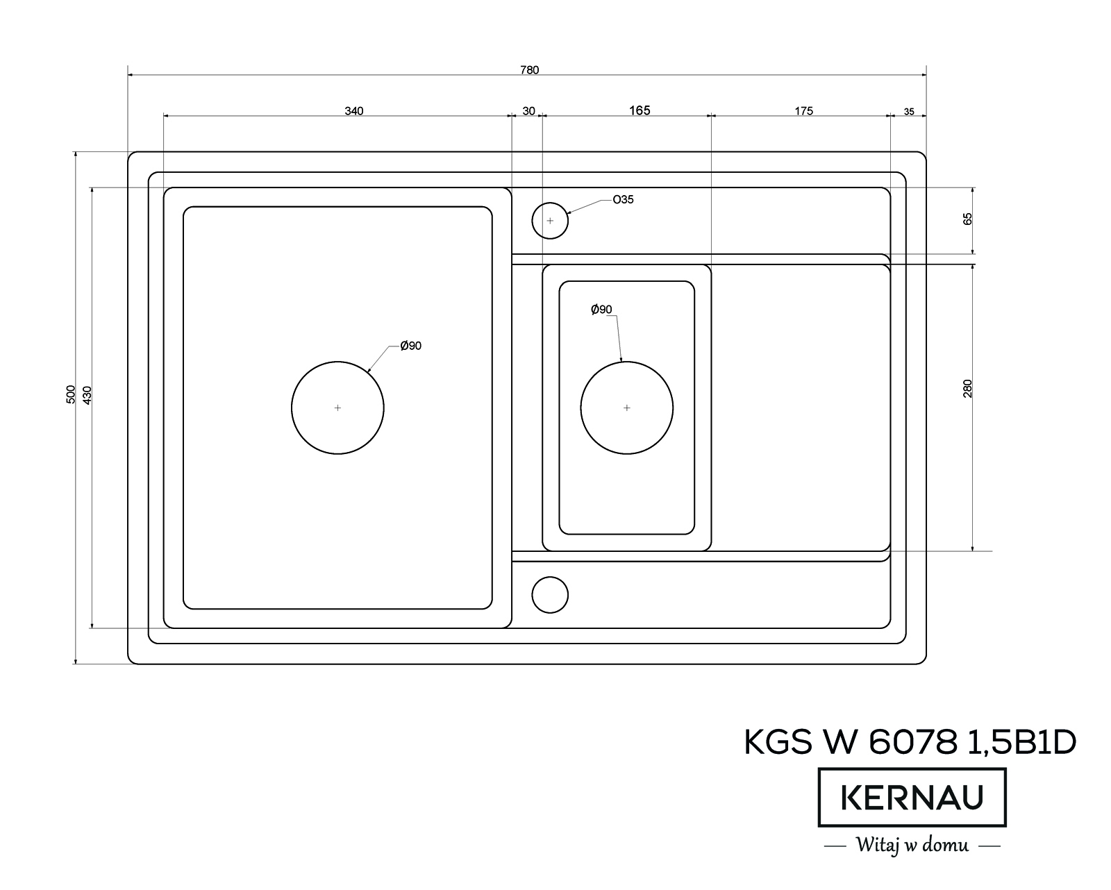 Zlewozmywak granitowy 1,5 komorowy Kernau KGS W 6078 1,5B1D WHITE